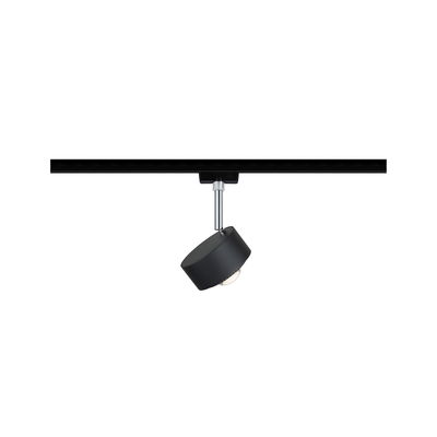 Black metal LED spotlight on track system, adjustable for focused room lighting