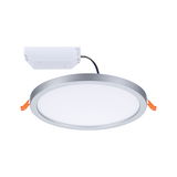 Round LED recessed panel with silver aluminum frame and white diffuser for energy-efficient room lighting