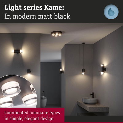 Matt black Kame light series with coordinated wall and ceiling lamps in a modern bathroom setting