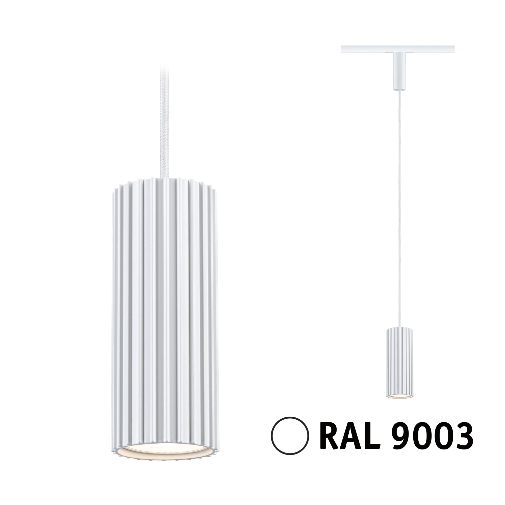 URail Pendel Lirena GU10 max. 10W 230V Signalweiß Moderner weißer Aluminium-Pendelleuchter mit geriffeltem Zylinderschirm und LED-Beleuchtung