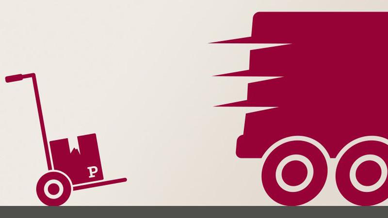 Grafiek met rode palletwagen en pakketten naast snelle bezorgwagen die verzending symboliseert