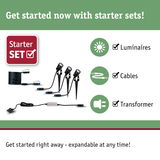 Starter set with black LED outdoor lights, cables, and transformer for expandable garden lighting