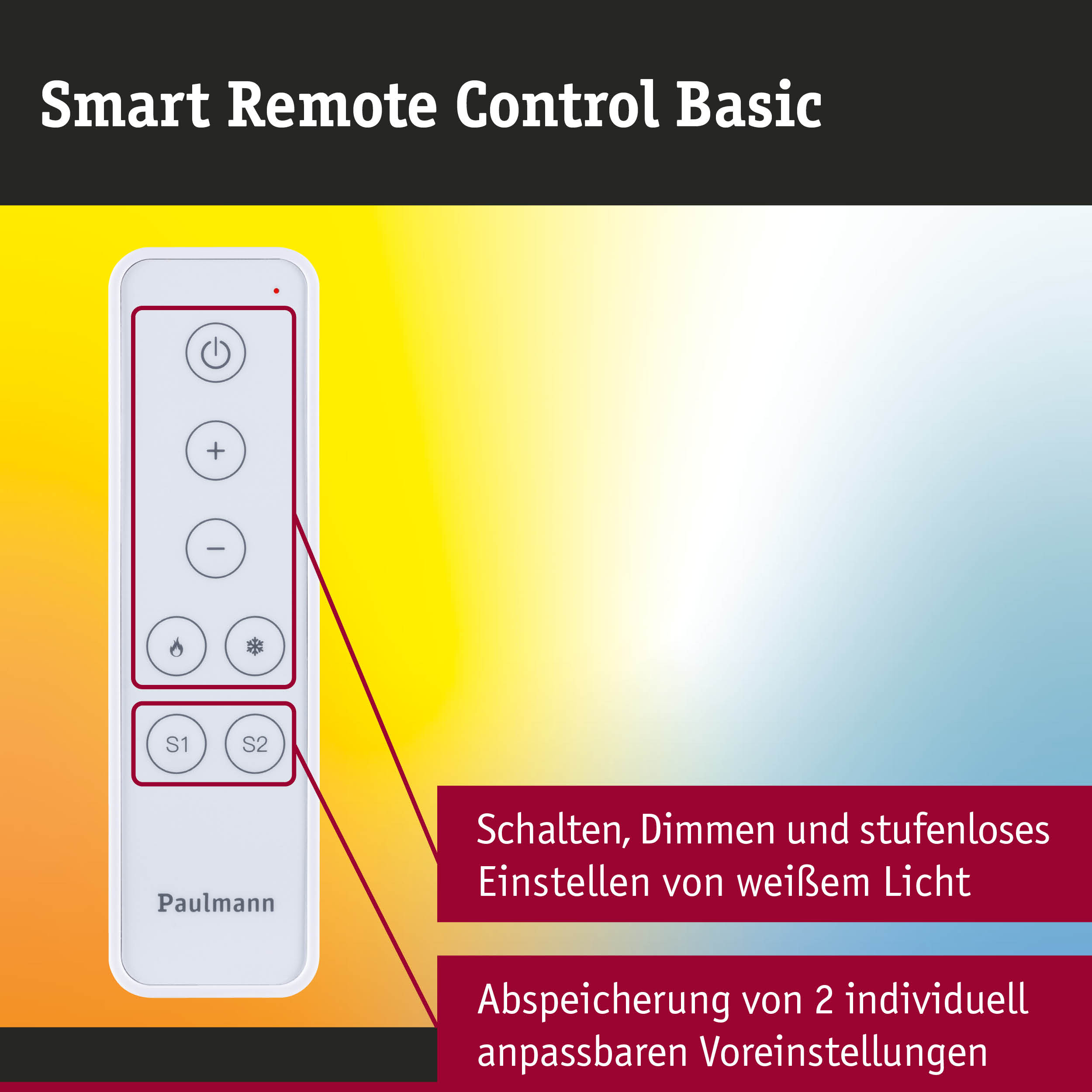 Weiße Smart Remote Control Basic Fernbedienung mit Tasten für Lichtsteuerung und Voreinstellungen