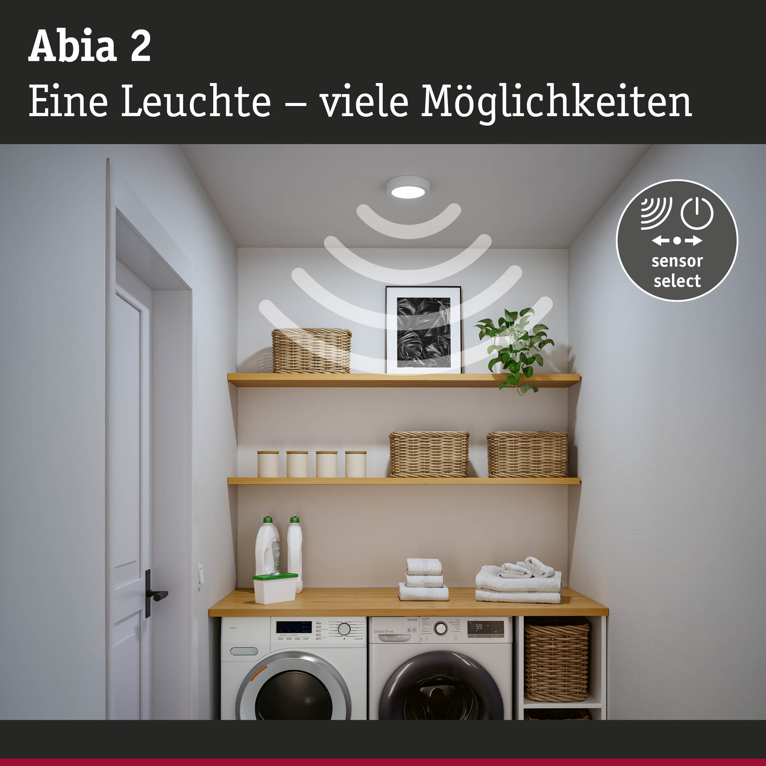 Abia 2 Deckenleuchte in Weiß mit Sensorfunktion über Waschmaschine und Regalen im Hauswirtschaftsraum