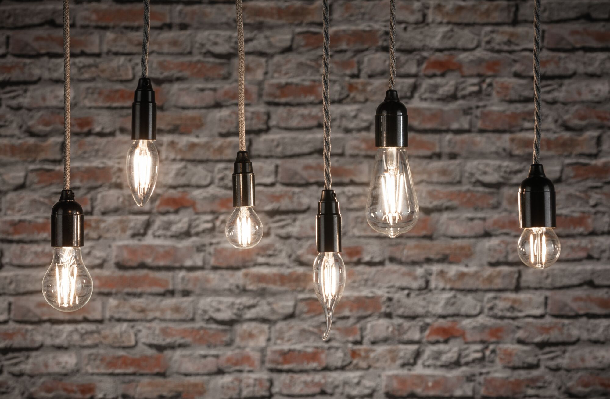 Six clear filament LED bulbs in various shapes hanging against red brick wall for decorative lighting