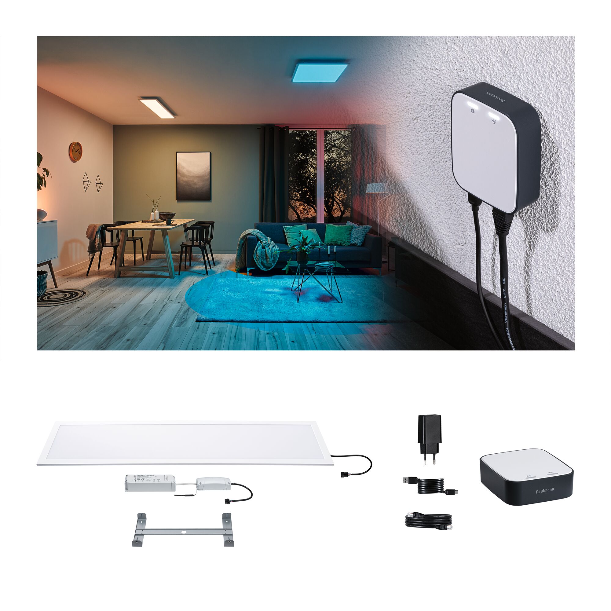 Witte LED-plafondlamp met driver en zwarte wifi-adapter voor slimme verlichting in huis