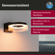 Seewasserresistente Außenwandleuchte mit schwarzem Metallgehäuse und warmweißem LED-Licht
