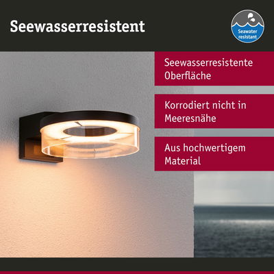Seewasserresistente schwarze Wandlampe mit klarem Glas und hochwertigem Material für Außenbereiche.
