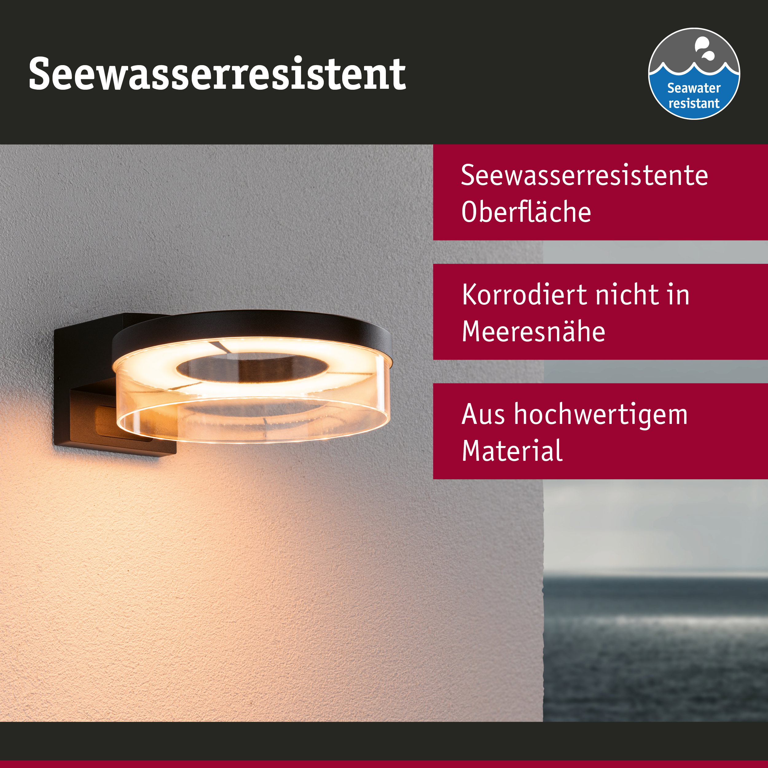 Seewasserresistente Außenwandleuchte mit schwarzem Metallgehäuse und warmweißem LED-Licht