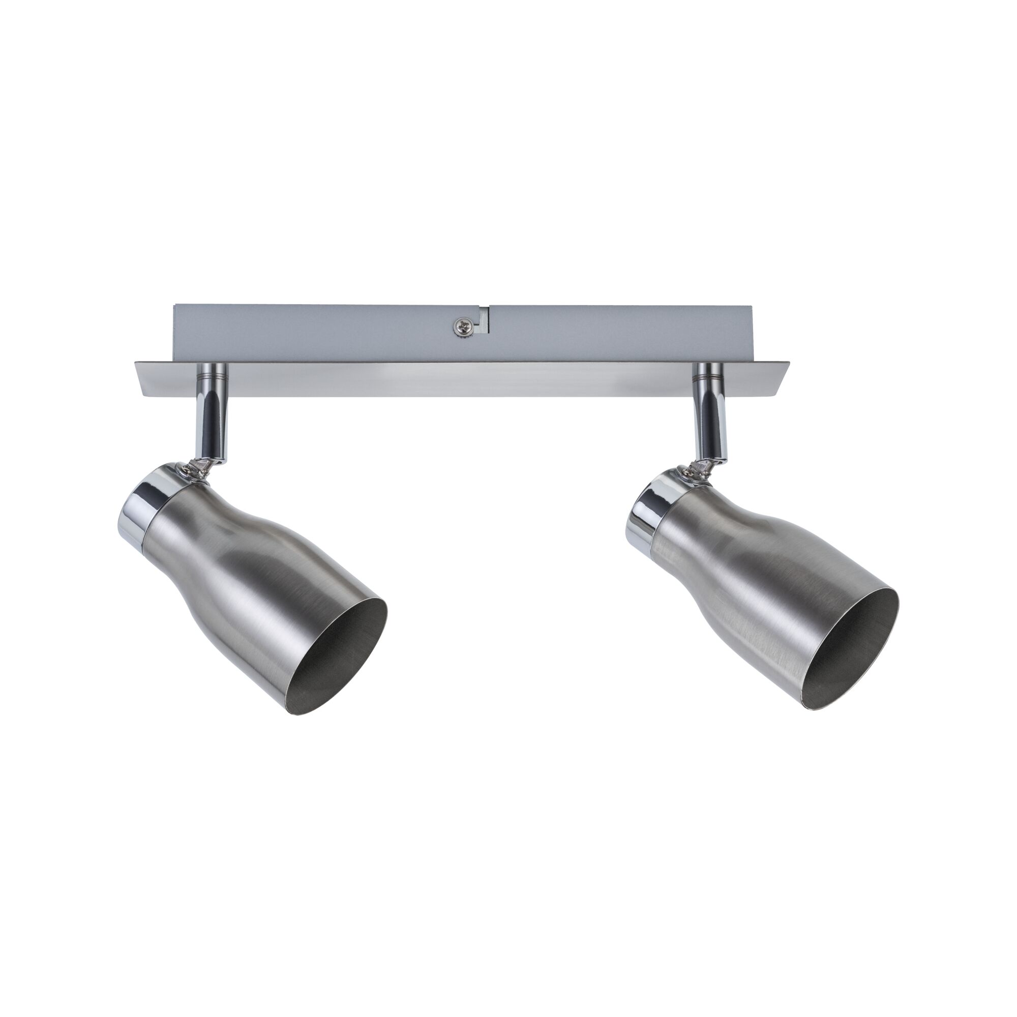 Modern ceiling spotlight in brushed stainless steel with two adjustable heads for accent lighting