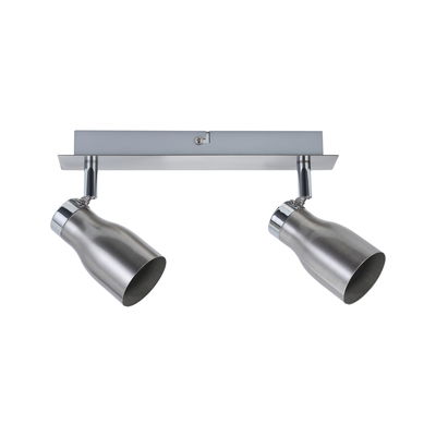 Modern ceiling spotlight in brushed stainless steel with two adjustable heads for accent lighting