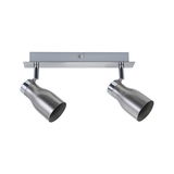 Modern ceiling spotlight in brushed stainless steel with two adjustable heads for accent lighting
