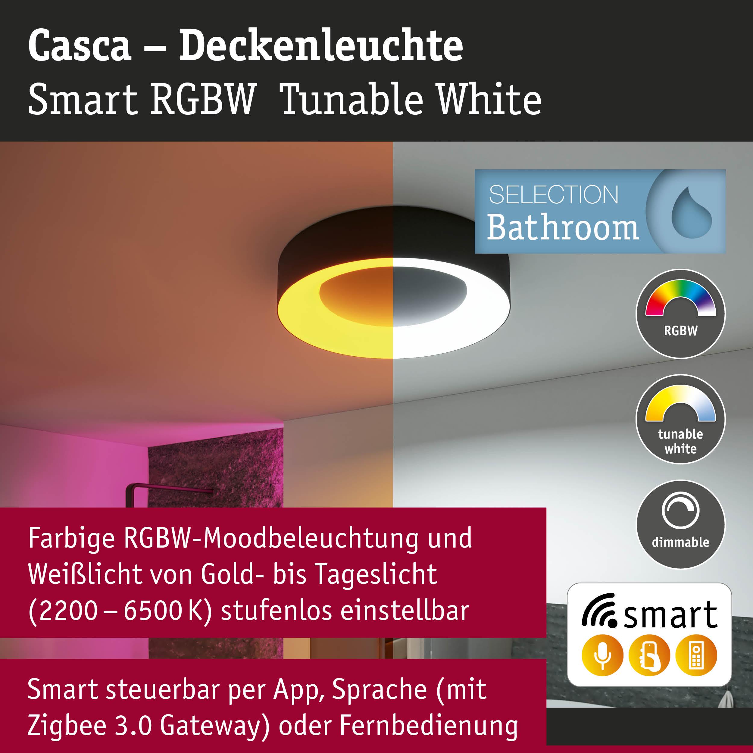 Casca Deckenleuchte in Schwarz mit einstellbarer RGBW-Farb- und Weißlichtsteuerung für Badezimmer.