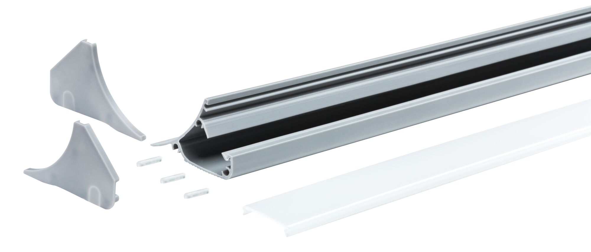 Profil LED en aluminium argenté avec diffuseur blanc et embouts gris pour bande LED