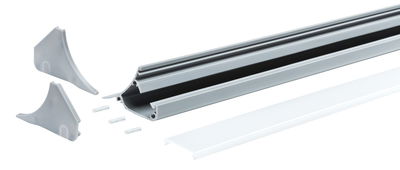 Profil LED en aluminium argenté avec diffuseur blanc et embouts gris pour bande LED