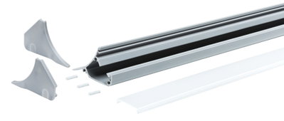 Sølvfarvet aluminium LED-profil med hvid diffuser og grå endestykker til LED-strip montering