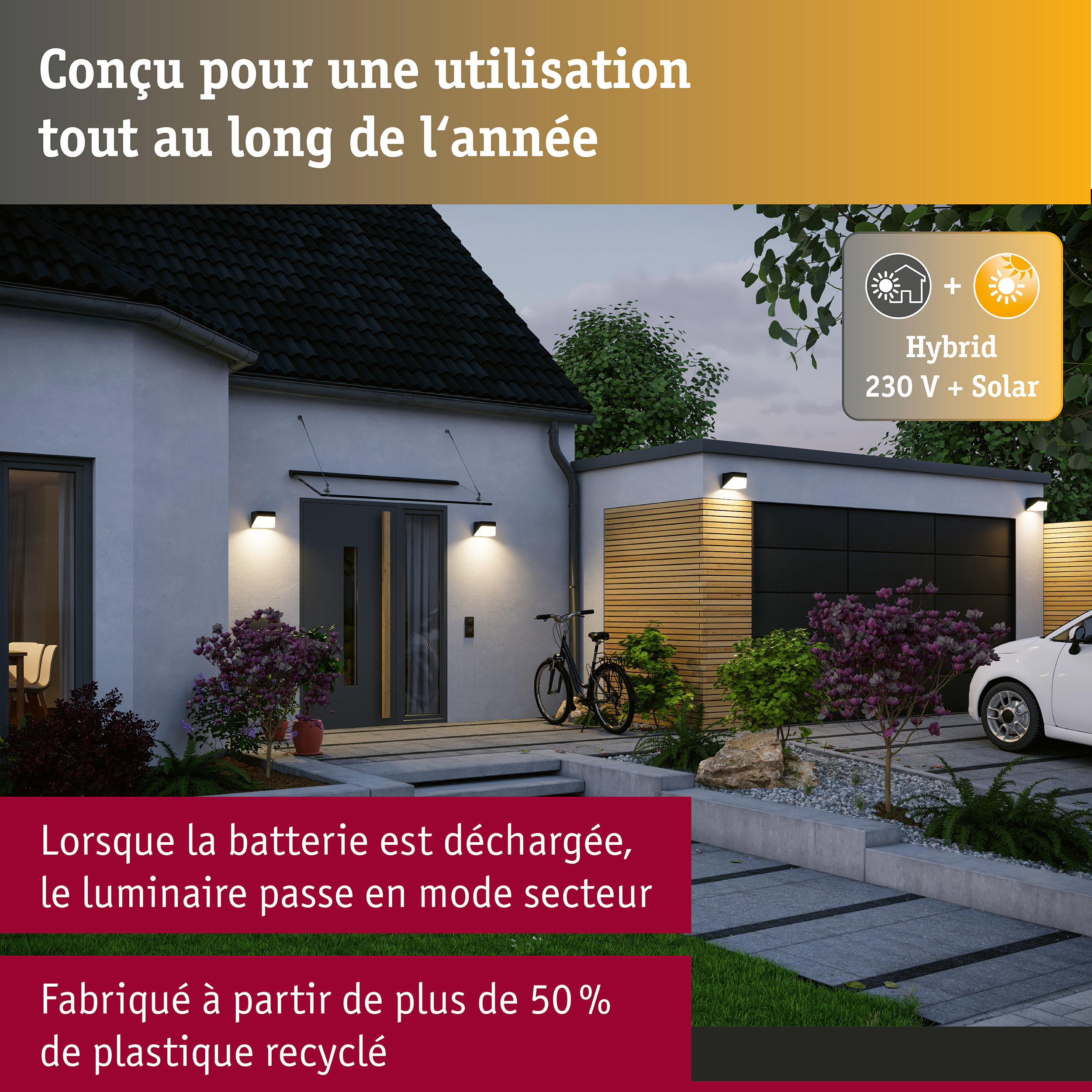Hybrid Applique d'extérieur LED Lioren House 230V + Solaire IP44 carré 170x170mm 3000K 2,3W 230lm 230V Noir