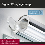 Chroomkleurige Orgon LED-spiegellamp met geïntegreerd stopcontact, badkamerverlichting