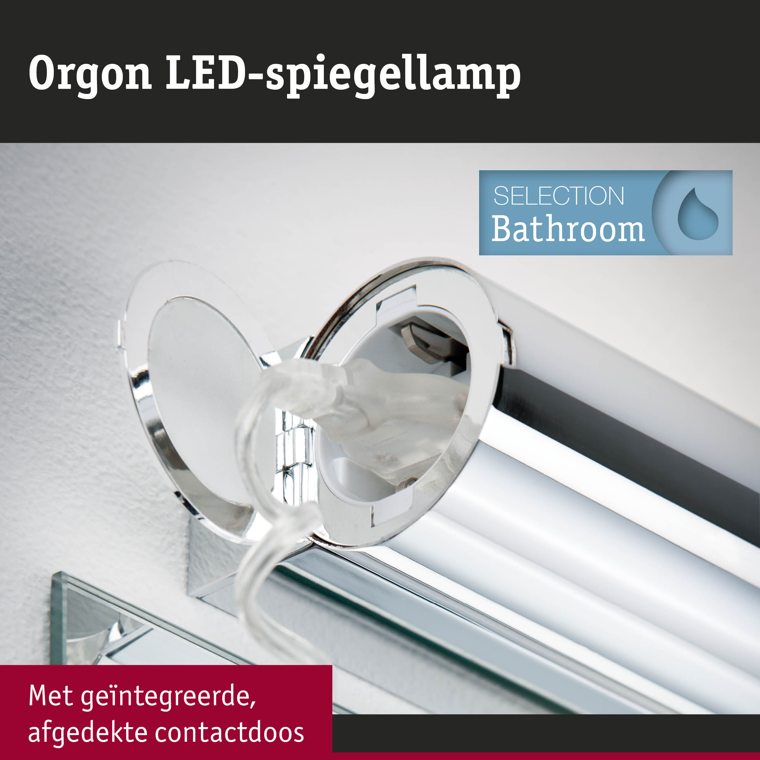 Chroomkleurige Orgon LED-spiegellamp met geïntegreerd stopcontact, badkamerverlichting