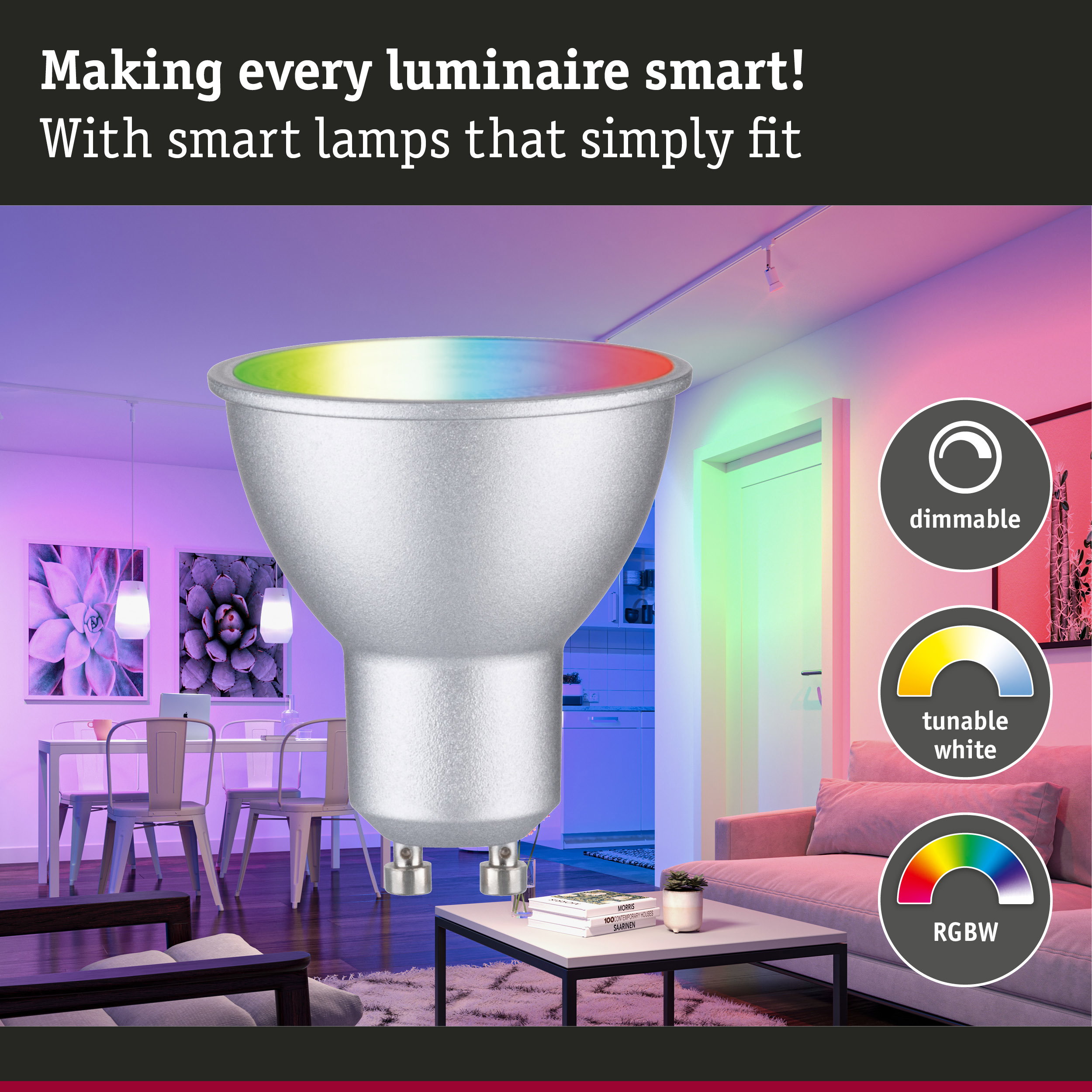 Smart dimmable RGBW LED lamp with tunable white for living room lighting and color control