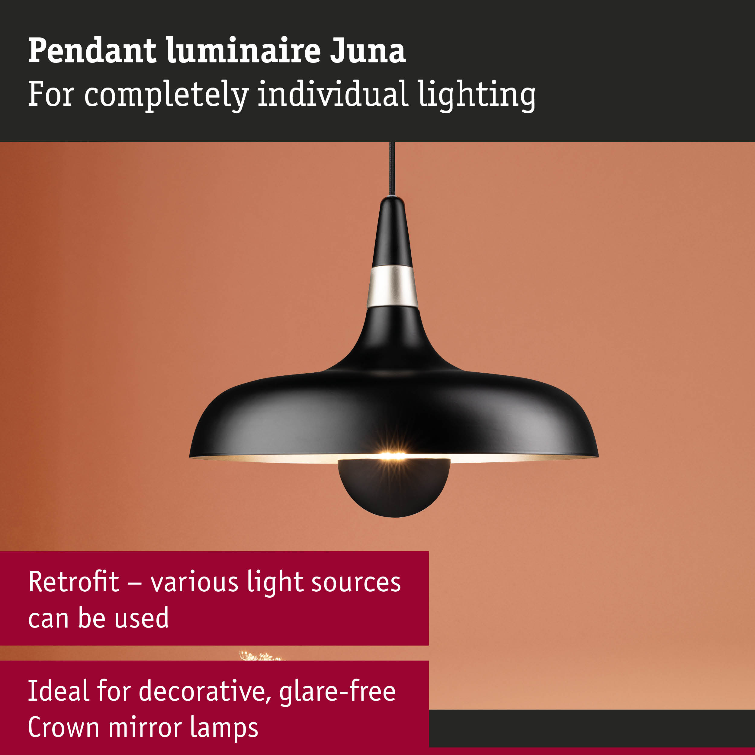 Black metal pendant luminaire Juna with glare-free light ideal for decorative crown mirror lamps