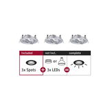 Three white metal recessed spotlights without LEDs, requires 3 LED bulbs for complete lighting