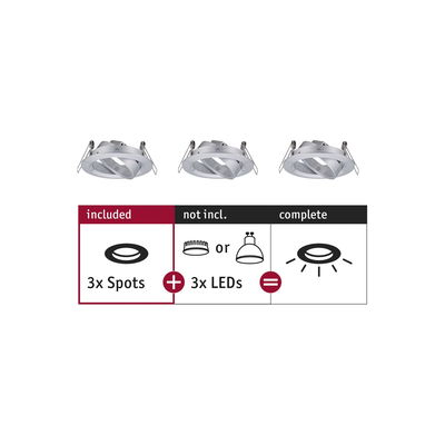 Three white metal recessed spotlights without LEDs, requires 3 LED bulbs for complete lighting