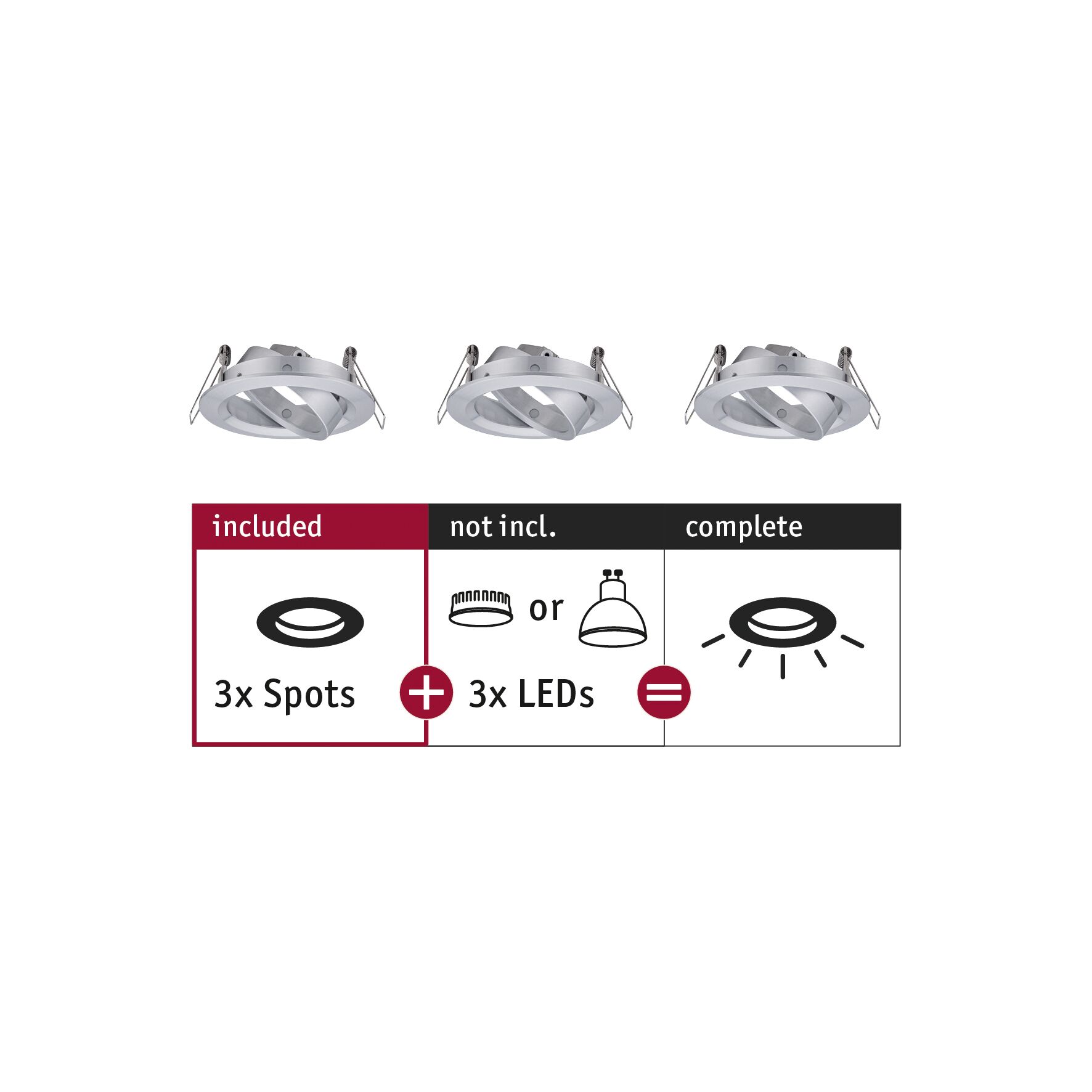 Trois spots encastrés blancs en métal sans LED, nécessite 3 ampoules LED pour éclairage complet