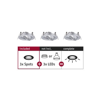 Drei weiße Einbaustrahler aus Metall ohne LEDs, Kombination mit 3 LED-Leuchtmitteln erforderlich