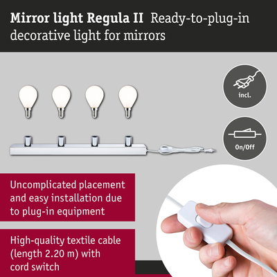 Mirror light Regula II with four white bulbs and textile cable with switch for easy plug-in installation