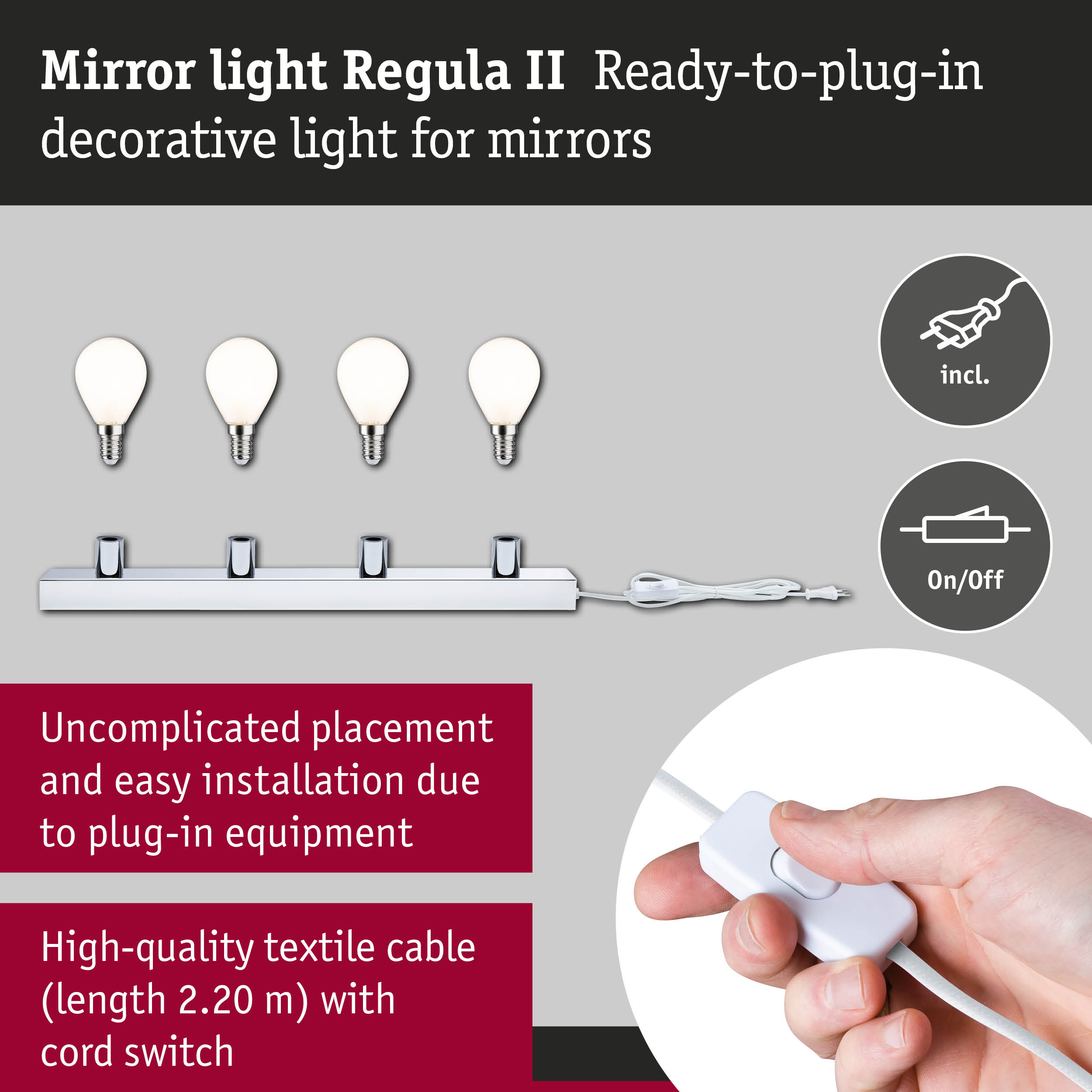 Mirror light Regula II with four white bulbs and textile cable with switch for easy plug-in installation