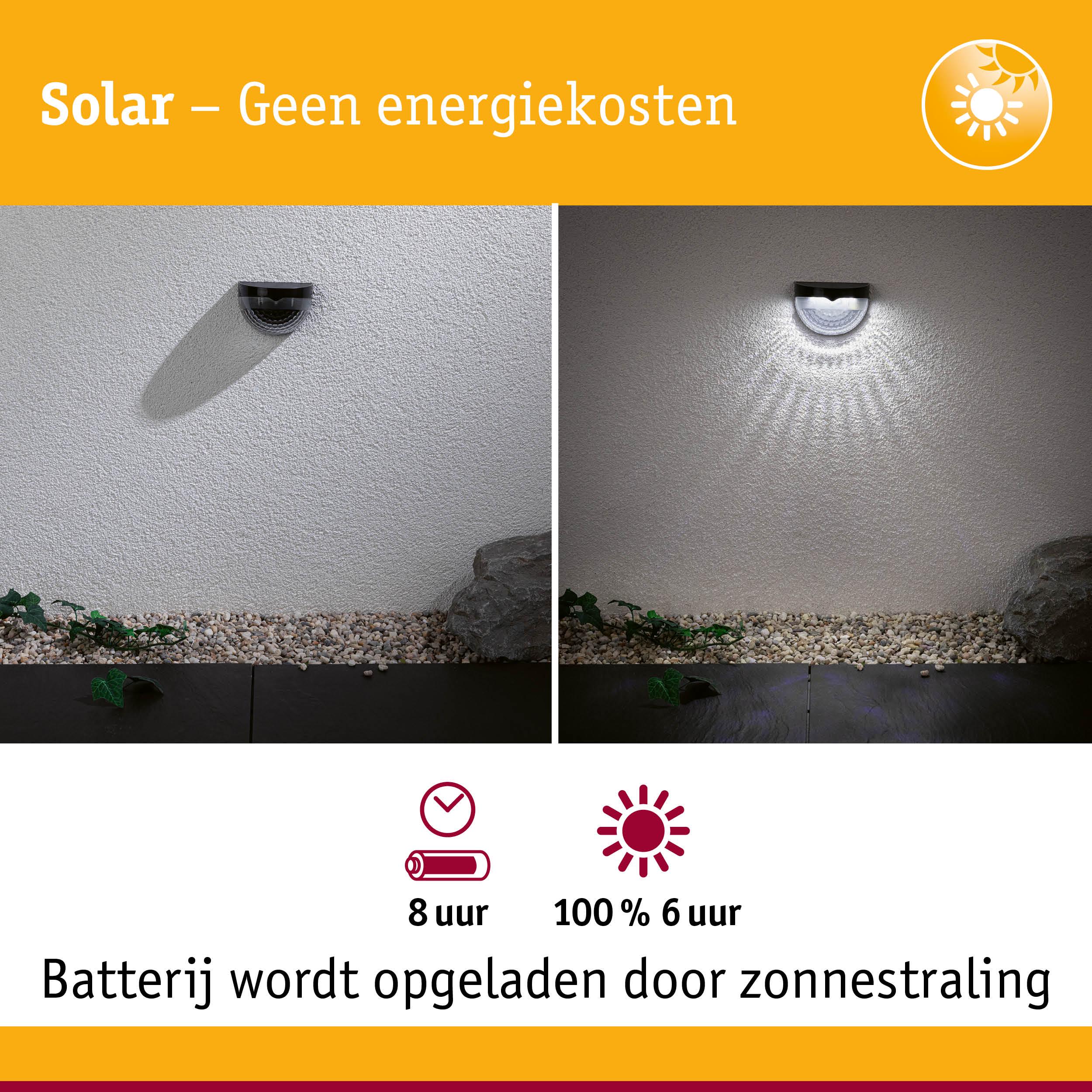 Zwarte solar wandlamp met wit licht, energiezuinige buitenlamp met oplaadbare batterij