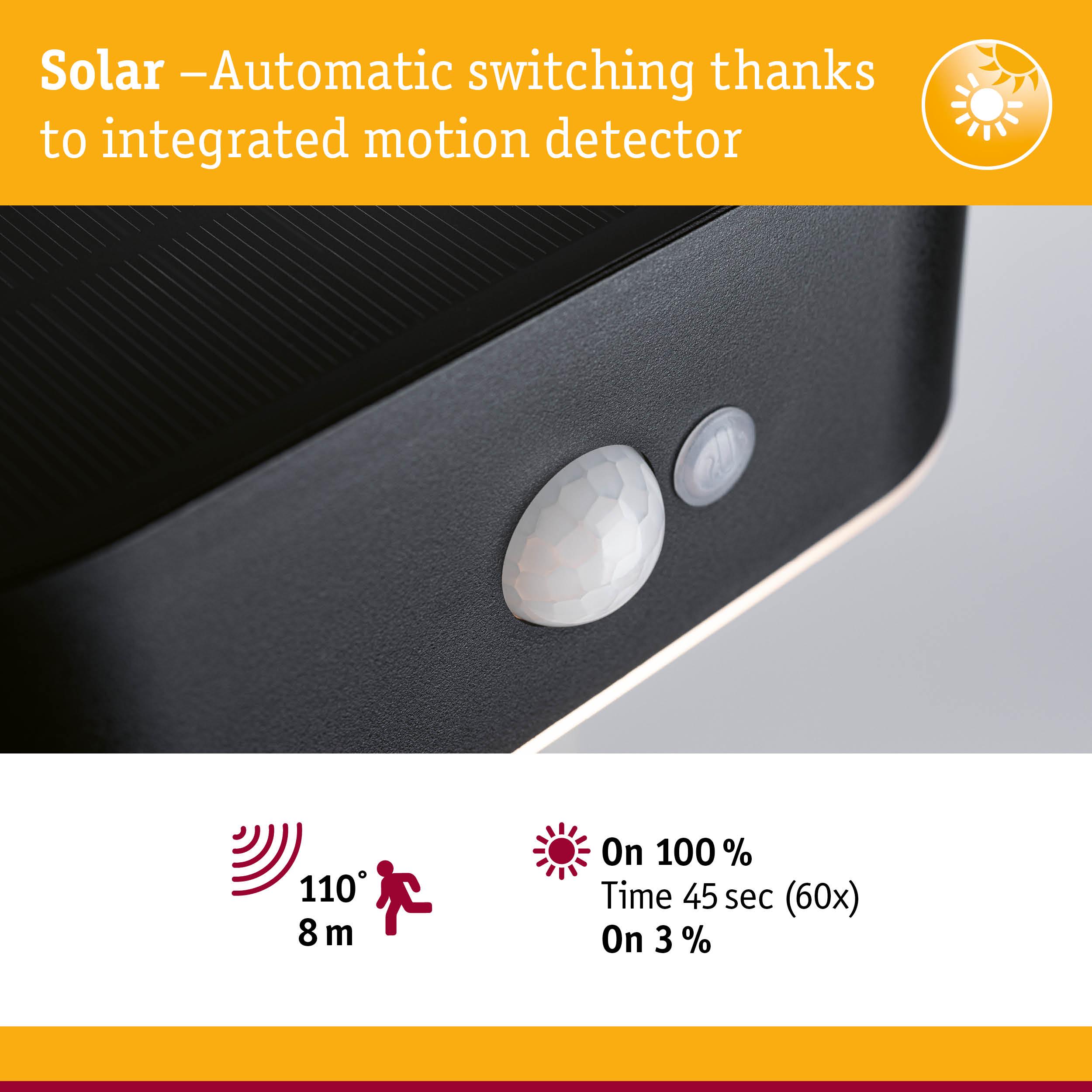 Black solar motion detector with automatic switching and 110° detection angle up to 8 meters