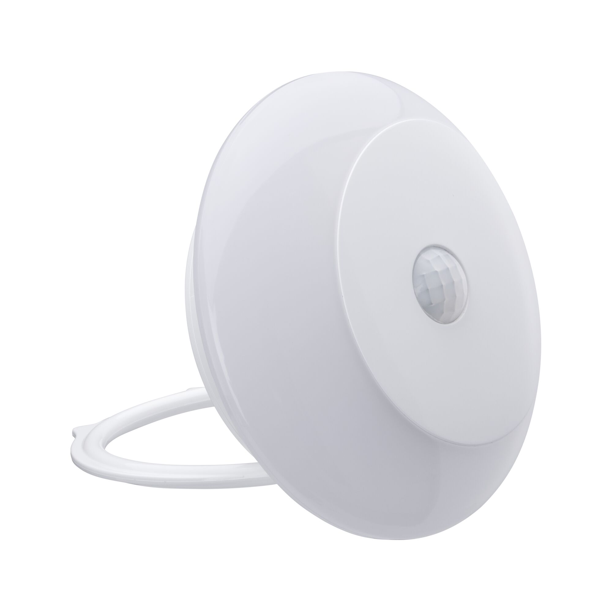 Round white plastic motion sensor for indoor use with modern design and easy installation