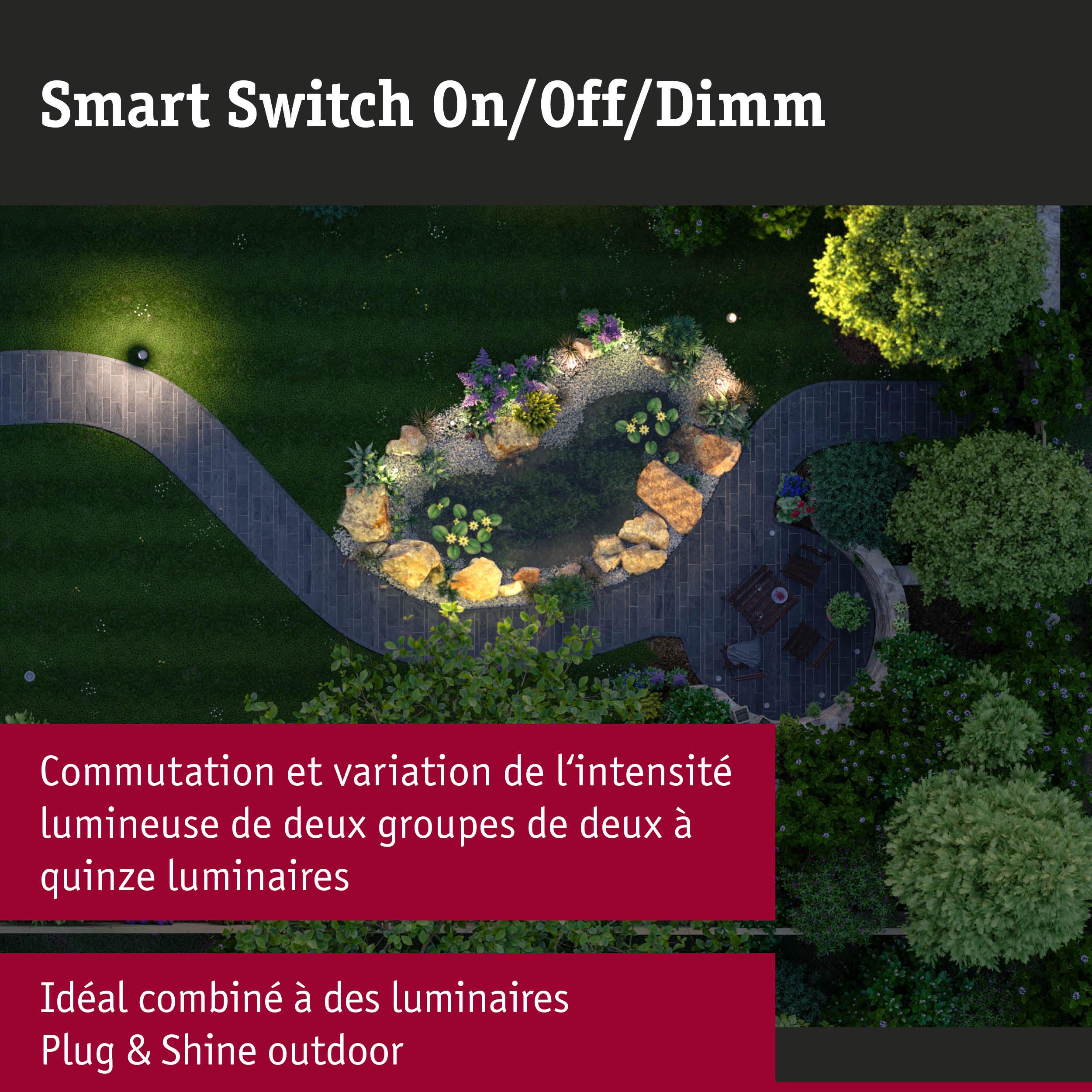Chemin de jardin avec bassin et éclairage extérieur, interrupteur intelligent dimmable pour Plug & Shine outdoor