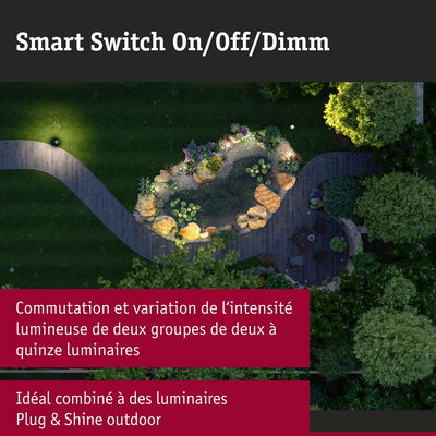 Chemin de jardin avec bassin et éclairage extérieur, interrupteur intelligent dimmable pour Plug & Shine outdoor