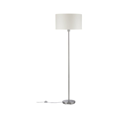 Staande lamp met witte stoffen kap en geborstelde metalen voet voor moderne woonverlichting