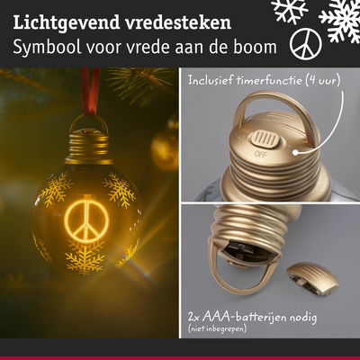 Gouden kunststof kerstbal met verlicht vredesteken en 4-uur timerfunctie voor boomversiering