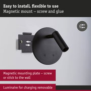 Black magnetic wall lamp with flexible screw or glue mounting for easy installation and charging