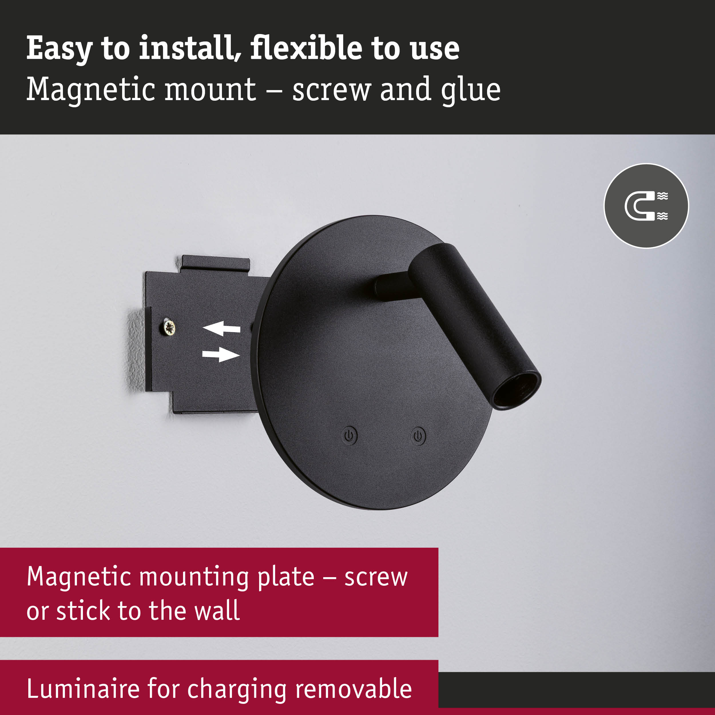 Black magnetic wall lamp with flexible screw or glue mounting for easy installation and charging