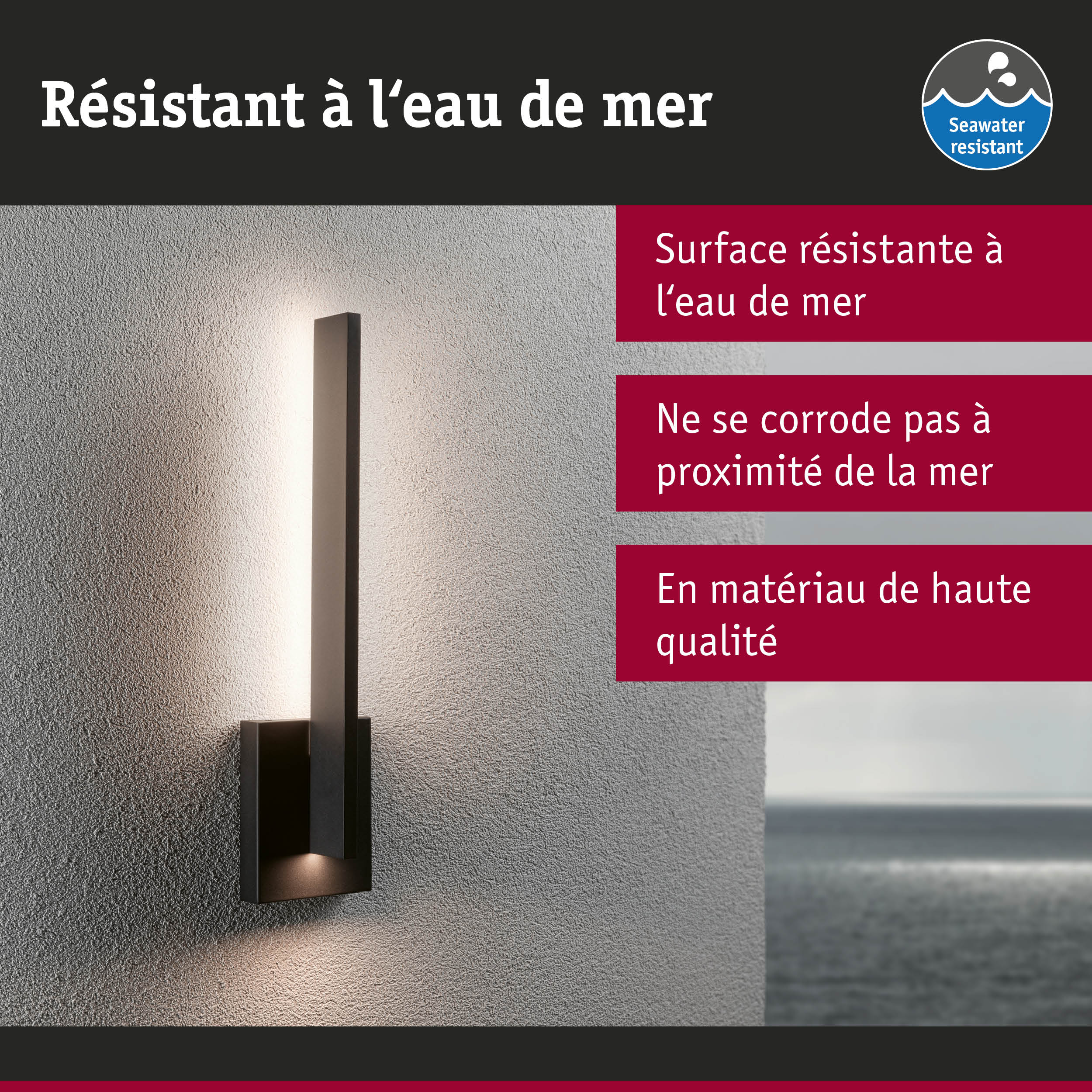 Applique murale extérieure noire en matériau de haute qualité résistante à l'eau de mer