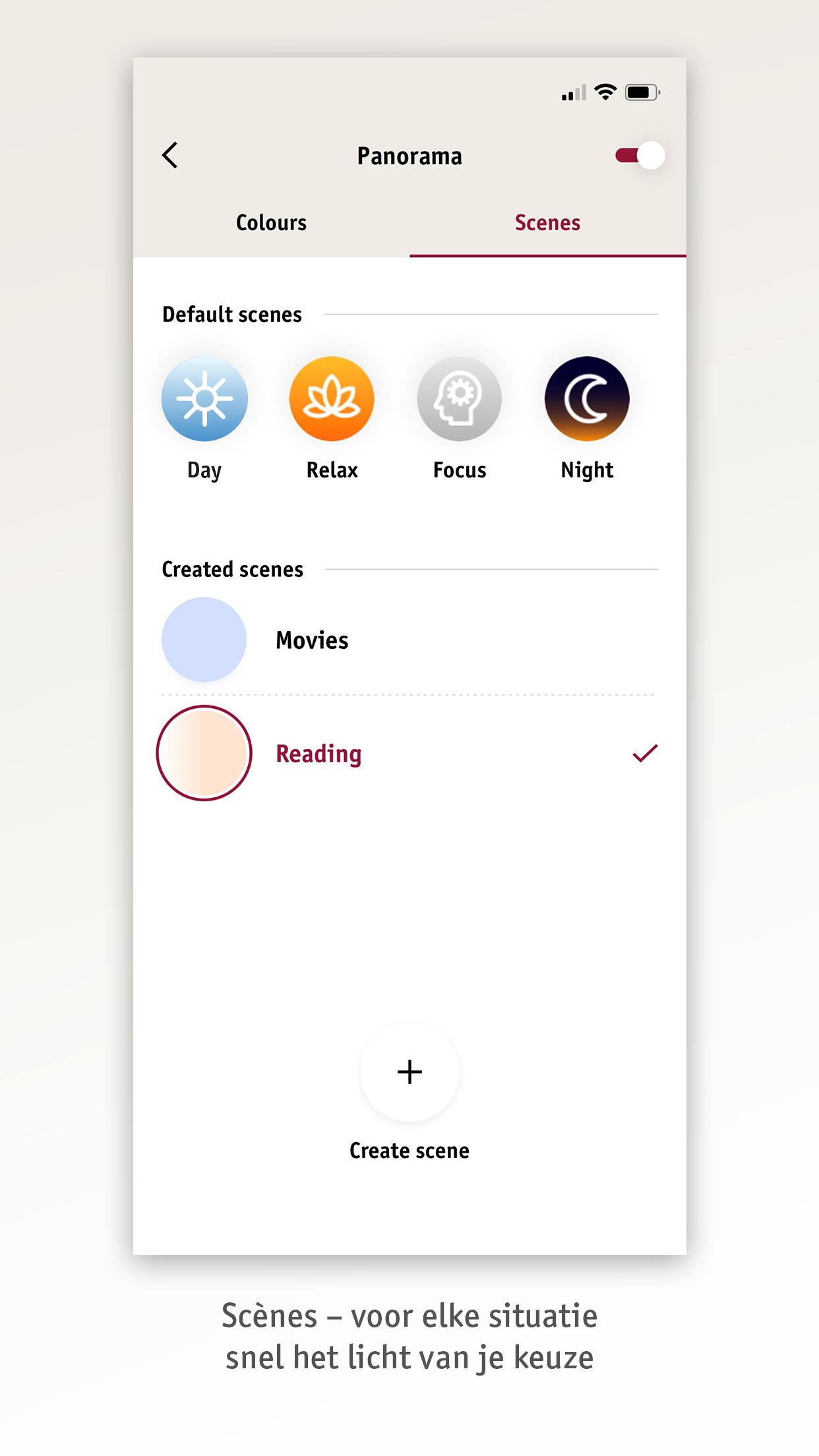 App-scherm toont slimme lichtbediening met standaard- en zelfgemaakte scènes voor verschillende sferen.