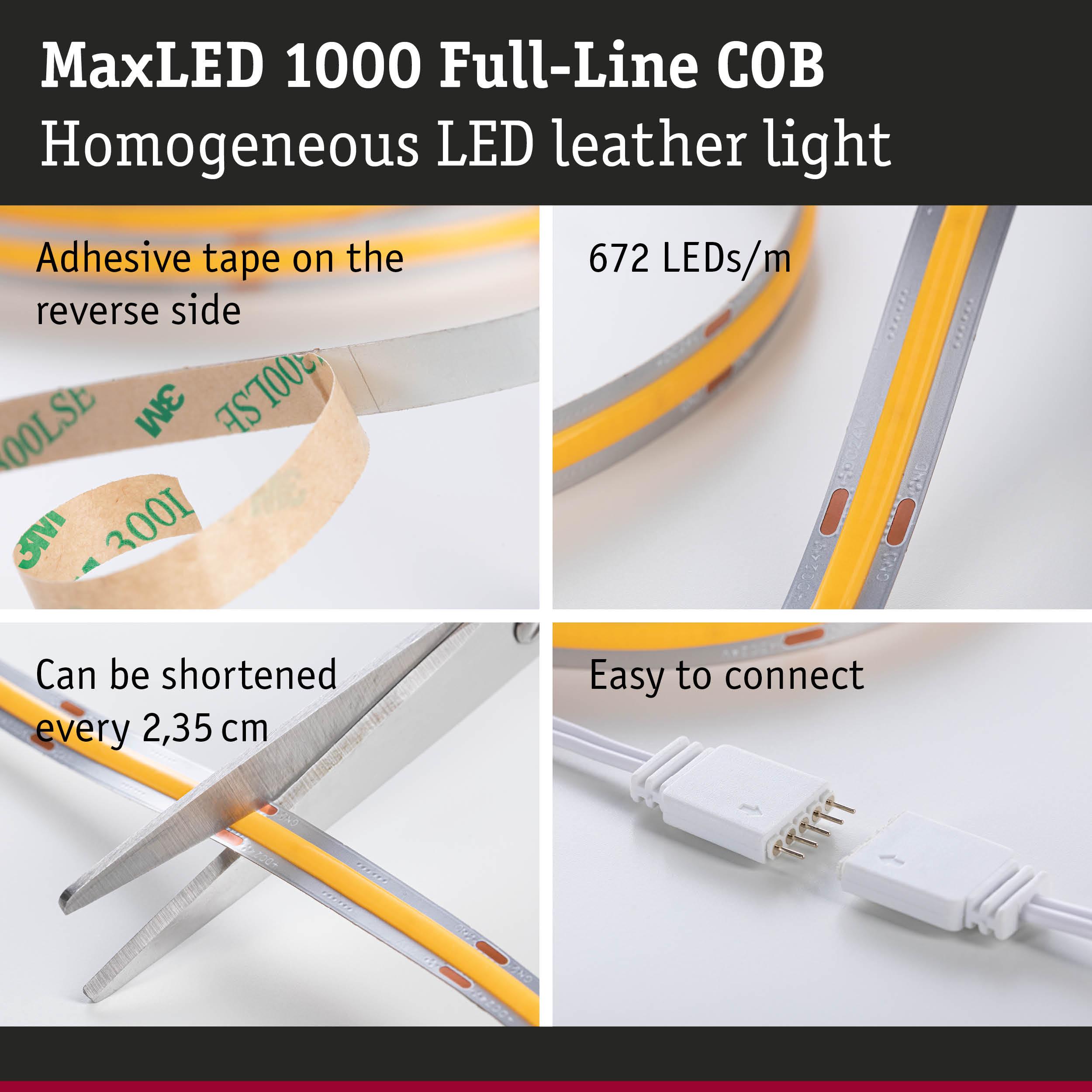 MaxLED 1000 COB LED strip with adhesive tape, 672 LEDs per meter, cuttable every 2.35 cm, easy to connect