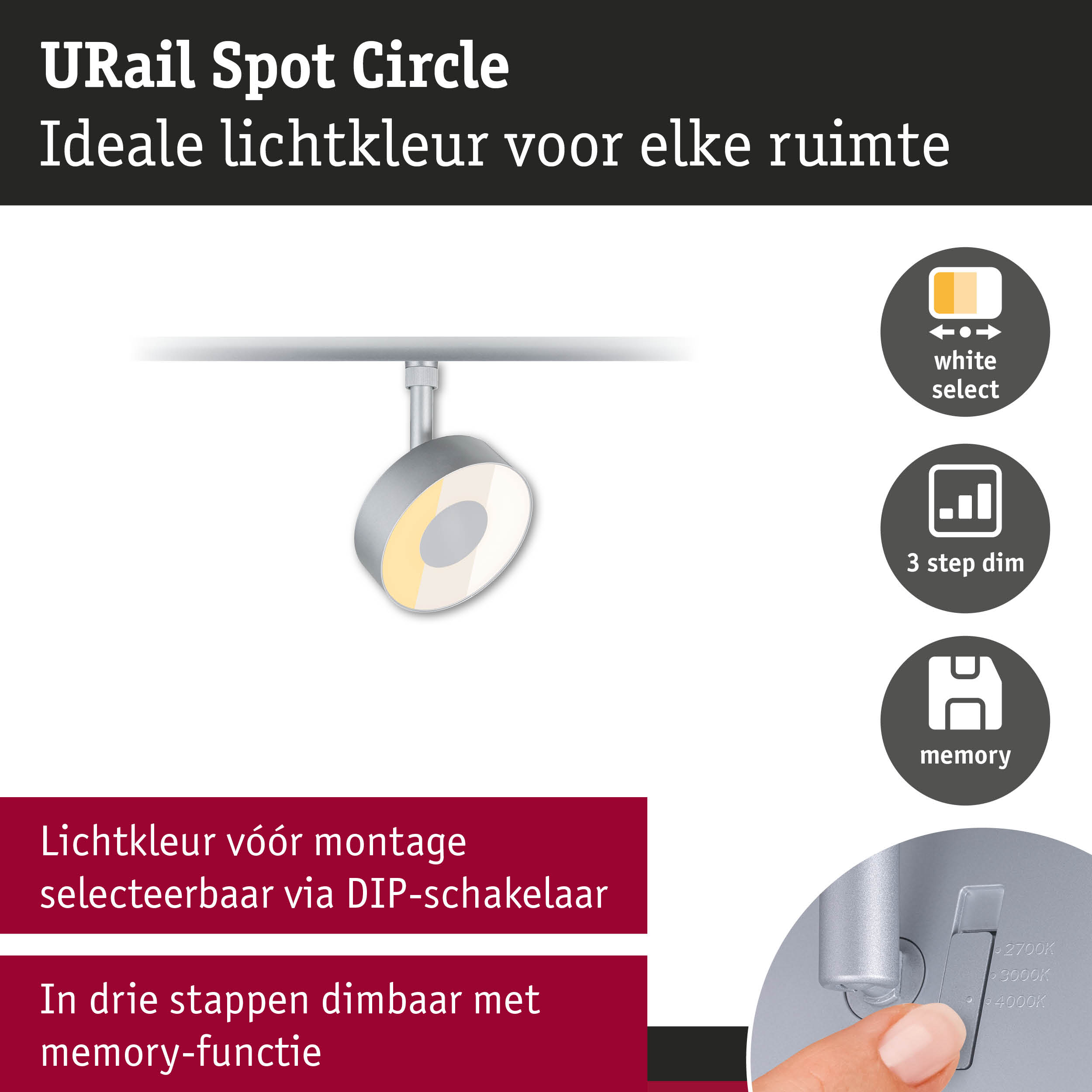 URail Spot Circle LED-spot in zilver met instelbare lichtkleur en 3-staps dimfunctie met geheugen