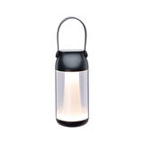 Modern portable black LED lantern with warm white light and handle, ideal for outdoor and home use