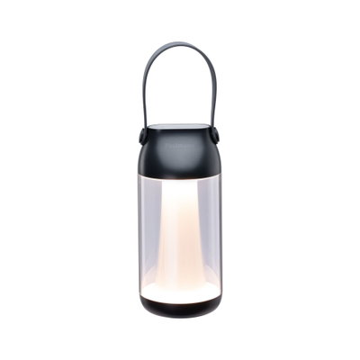 Modern portable black LED lantern with warm white light and handle, ideal for outdoor and home use