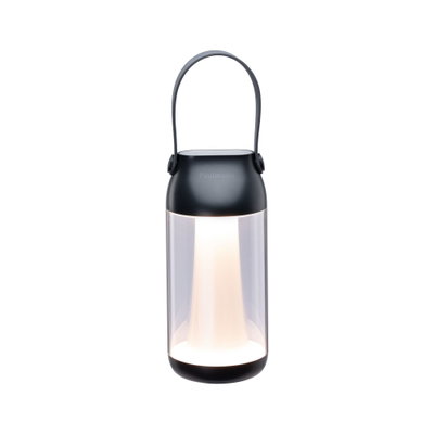Schwarze tragbare LED-Laterne mit transparentem Gehäuse und warmweißem Licht für Outdoor und Camping