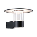 Moderne zwarte metalen buitenwandlamp met helder glas en ronde diffuser voor tuinverlichting