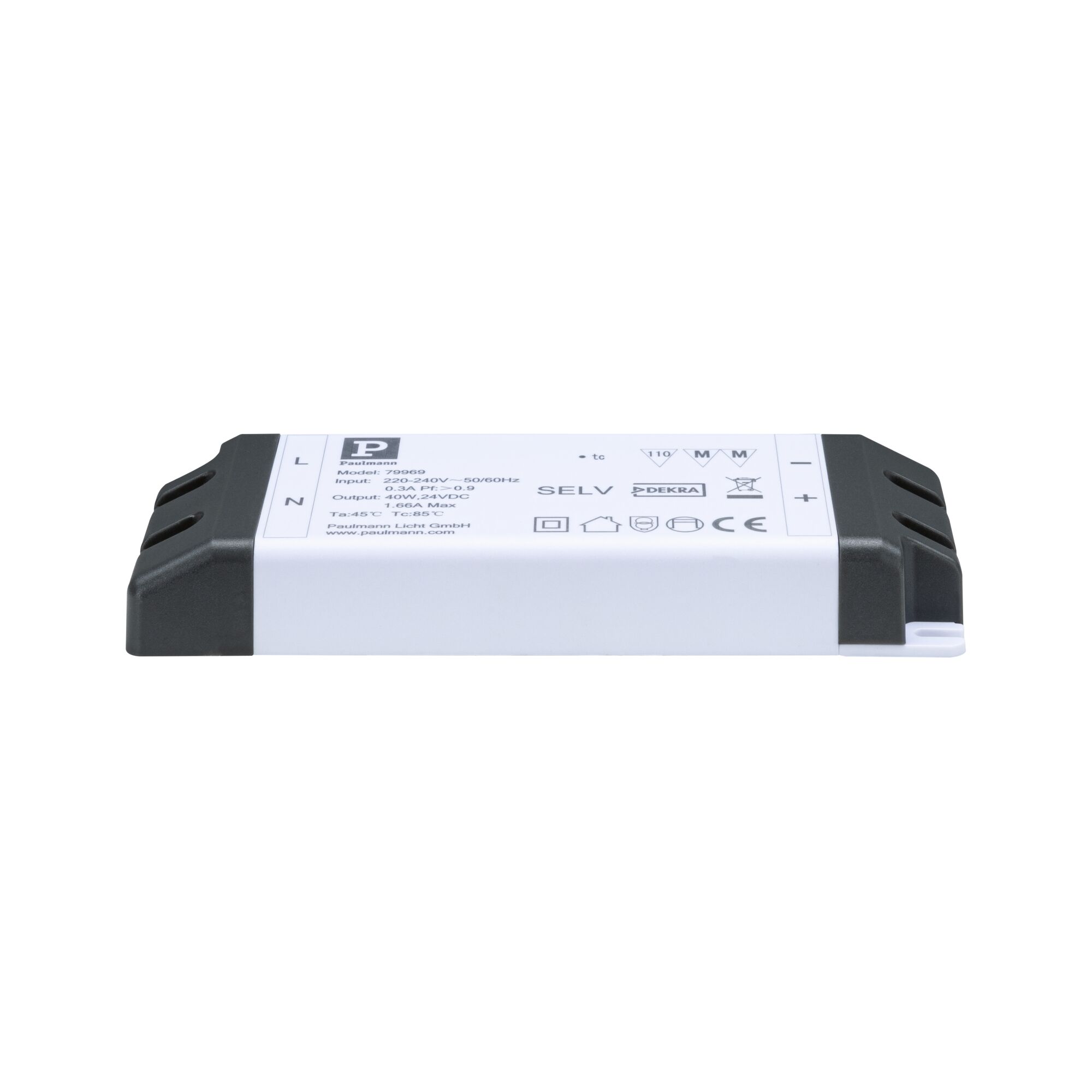 Hvid LED-driver kabinet med sorte plastik endestykker til LED-belysning