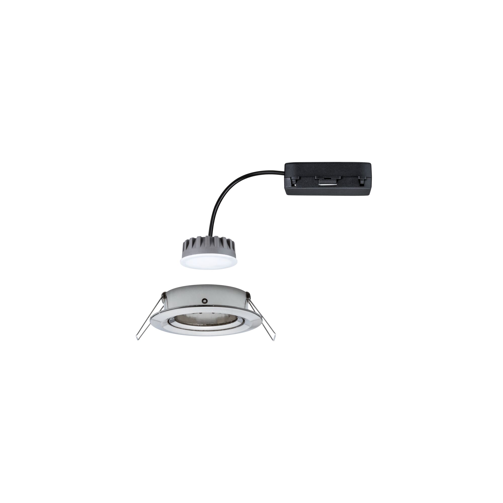 Modulares LED-Einbaulicht mit weißem Leuchtkopf und silbernem Rahmen für flexible Beleuchtung